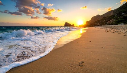 Golden Hour Serenity - Waves Washing Ashore at Sunset Beach.