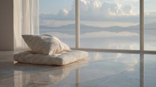 Fototapeta Large window with a view of the ocean. the window is made of glass and has white curtains on the left side. through the window, we can see the vast expanse of the sea and the horizon.