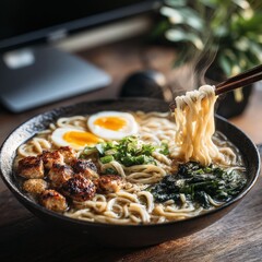 Steaming Bowl of Ramen near Computer