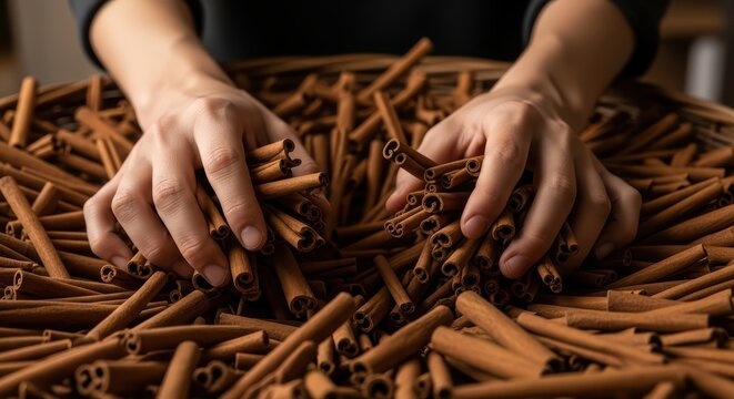 Hands sorting cinnamon sticks: aromatic spice preparation and selection