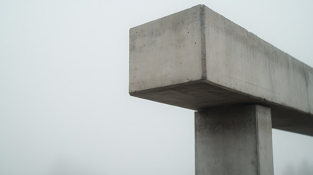 Monochromatic concrete structure.  A solitary gray beam pierces through a foggy horizon, a symphony of structural engineering and stark natural tones in an open air setting. - Powered by Adobe