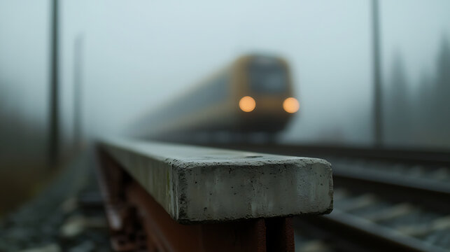 Misty train track scene with an approaching train, captured in a moody, atmospheric setting. The close-up detail of the concrete and rails creates a captivating depth.