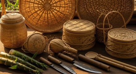 Traditional handwoven bamboo baskets with steamer containers and carving knives displaying artisanal craftsmanship in natural workshop setting with fresh bamboo stalks