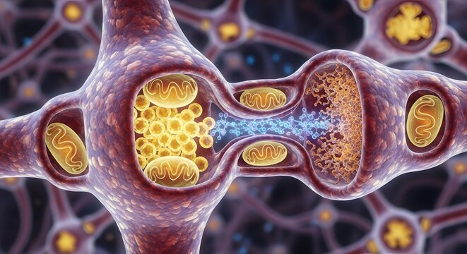 A detailed digital illustration of a neuron showing synaptic transmission with vibrant colors and intricate cellular structures