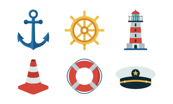 Ship anchor wheel lighthouse cone buoy captain cap