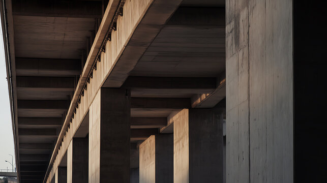 Geometric patterns emerge beneath a concrete bridge, shadows play on its pillars, creating an abstract urban landscape and adding depth to the mundane view.