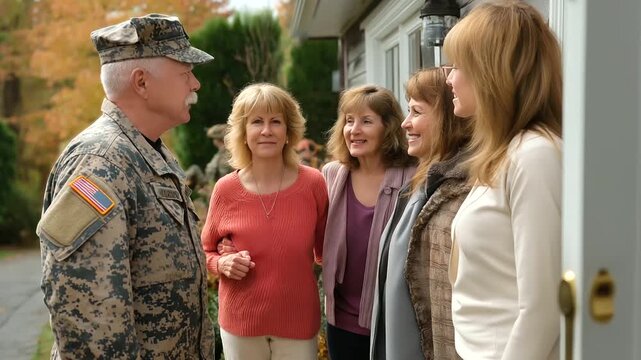 Soldier surprise homecoming knocking door, family shock joy, embrace rush, photorealistic peeked by a military reunion photographer.