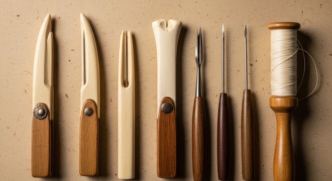 Traditional leather crafting tools arranged on textured paper background including bone folders awls stitching needles and white thread spool for bookbinding and leatherwork - Powered by Adobe