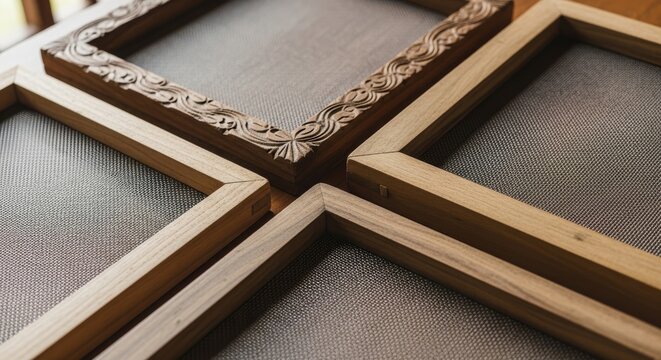 Traditional wooden picture frames with ornate carved decorative borders stacked overlapping on textured fabric surface showing detailed craftsmanship joinery