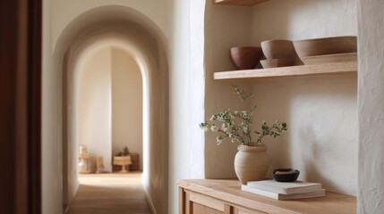 Fototapeta premium Corner of a room with a wooden shelf on the right side. the shelf is made of light-colored wood and has several decorative items on it.