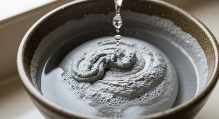 Water droplets falling into ceramic bowl creating ripples and foam bubbles with zen garden sand pattern meditation concept