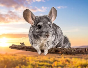 Adorable gray rodent perched on a branch, sunset landscape backdrop