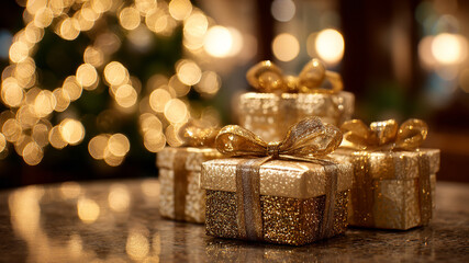 gold gift boxes with ribbons on table with blurred Christmas tree with twinkling lights background. holiday spirit