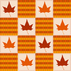 Autumn Maple Leaf Patchwork Check Seamless Pattern