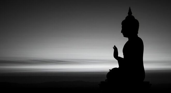 Serene Buddha silhouette meditating against a dramatic sunset sky, inspiring peace and reflection.