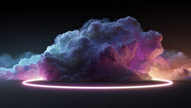 A large, vibrant cloud formation rests atop a dark, circular neon light - Powered by Adobe