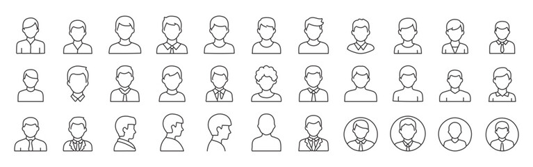 Mega Collection of Male avatar and profile line icons – editable stroke outline, front and side views in business and casual styles, outline symbols of man, user, business, and professional portrait