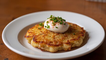 Golden Cake Topped with Cream, Herbs, and Red Pepper Flakes on a White Plate.