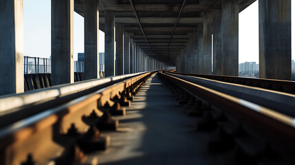 Steel tracks stretch beneath a concrete overpass, illuminated by sunlight and shadow, creating an industrial scene. The urban landscape fades in the background.