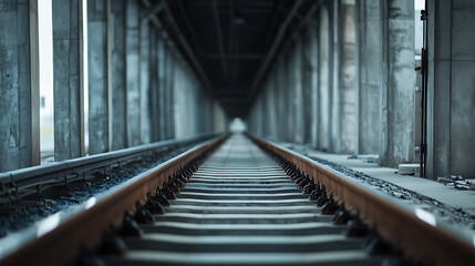 Mysterious train tracks vanishing into the distance. Concrete pillars line the route.  A journey into the unknown with rail as a guide. Focus on perspective and depth.