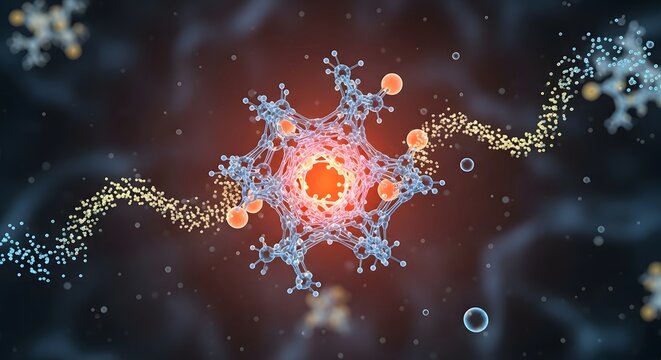 A detailed digital illustration of a virus particle with spike proteins and genetic material in a scientific style, highlighting microbiology and cellular structures