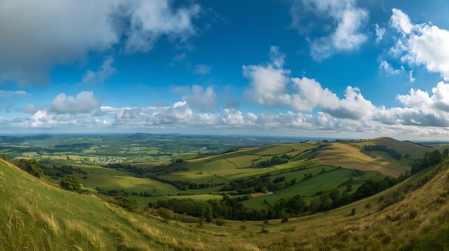 Expansive panoramic view of rolling green hills and a vast blue sky with dramatic clouds - Powered by Adobe