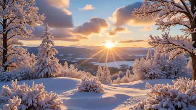 Sunrise in the Yakut taiga at -45&deg;C: scarlet clouds over snow-covered larches for a weather forecast