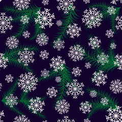 Christmas Snowflakes Fir Tree Branches Seamless Pattern