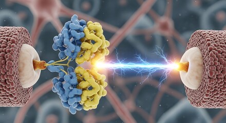 A detailed illustration of a biological process involving molecular interaction and electrical activity between two cells at the microscopic level