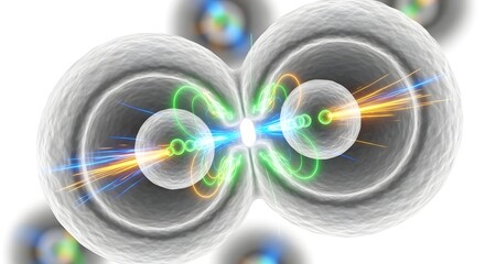 Abstract digital illustration of interconnected spheres with vibrant neon light effects representing molecular or atomic structures in a futuristic style