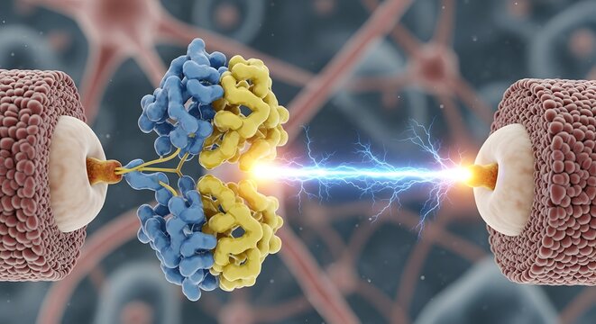 A detailed illustration of a biological process involving molecular interaction and electrical activity between two cells at the microscopic level