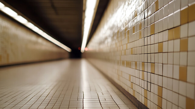 Eerie perspective of an empty tunnel with tiled walls and floor, illuminated by fluorescent lights, creating a sense of depth and mystery, beckoning exploration.