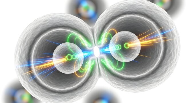 Abstract digital illustration of interconnected spheres with vibrant neon light effects representing molecular or atomic structures in a futuristic style