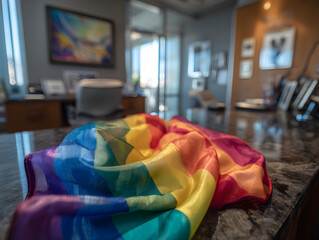 Rainbow flag colorful fabric pride office marble desk sunlight LGBTQ celebration diversity inclusion joyful atmosphere modern workspace equality support acceptance