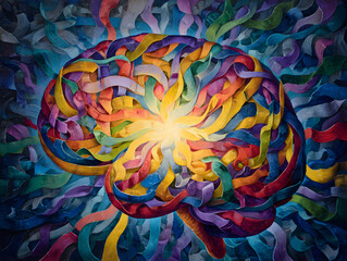 Colorful abstract brain with swirling ribbons, vibrant energy radiating from center, symbolizing creativity, imagination, and mental activity in dynamic artistic style