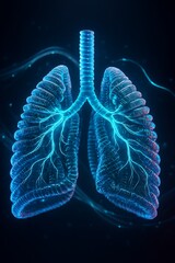 Ultra-detailed futuristic lungs shaped from nanotechnology tubes, glowing oxygen flow, sci-fi medical visualization.