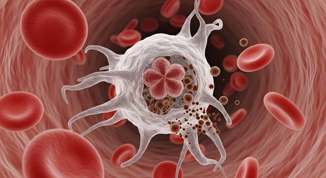 Detailed microscopic view of a white blood cell interacting with red blood cells within a human bloodstream, illustrating immune response and cellular activity