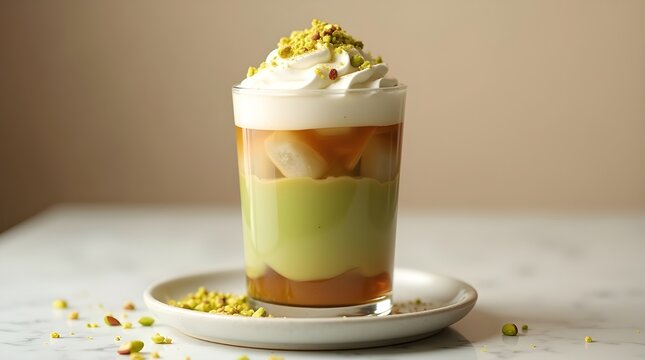 Refreshing Iced Pistachio Latte with Whipped Cream and Crushed Nuts Served in Glass on Wooden Plate