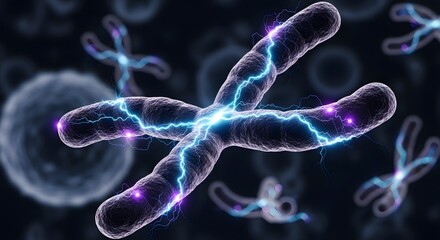 Close-up view of a chromosome with electric sparks illustrating genetic material in a scientific environment
