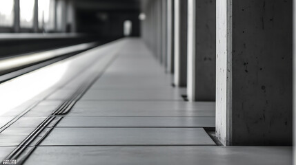 Fototapeta premium Monochrome view of a metro station platform with columns and converging lines, captured with a sense of depth, evokes a sense of clean, minimalist urban space.