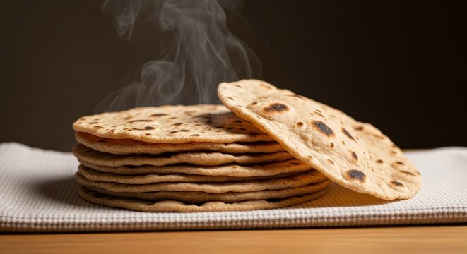 Freshly baked stack of warm whole wheat roti with steam rising