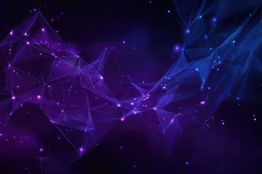 Abstract network of interconnected points and lines in deep purple and blue.  Dynamic, flowing shapes with glowing points, creating a sense of movement and complexity - Powered by Adobe