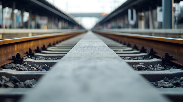 Symmetrical view of parallel train tracks fading into the distance, converging towards a vanishing point on a cloudy day, evoking travel and anticipation.