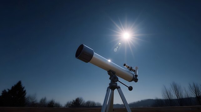 An outdoor telescope is aimed at a brilliant sun like object in the night sky symbolizing scientific observation and cosmic explo n