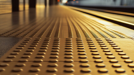 A ground-level shot of the textured platform at the station. The repeating patterns converge toward the horizon, creating a sense of depth and direction. Golden light enhances the texture.