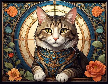 Regal tabby cat with jewelry and roses in a stained-glass window