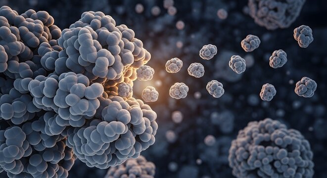 A detailed illustration of microscopic particles and molecules floating in a dark environment with a warm light source illuminating their complex structures - Powered by Adobe