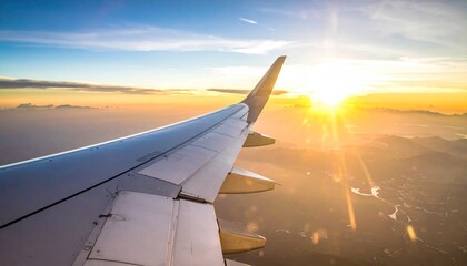 Airplane wing silhouetted against a brilliant, golden sunrise