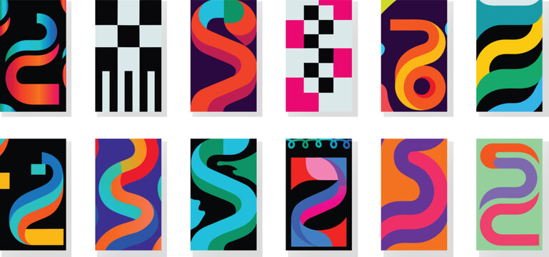 A vibrant collection of twelve abstract Backgrounds, Banner or posters vector illustration, creating a modern, dynamic and colorful design of unique combination and shapes