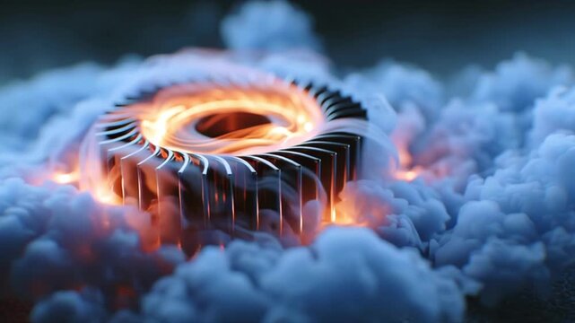 Intense fire burning within metal heatsink, emanating dense smoke against dark backdrop, revealing extreme thermal stress and potential danger